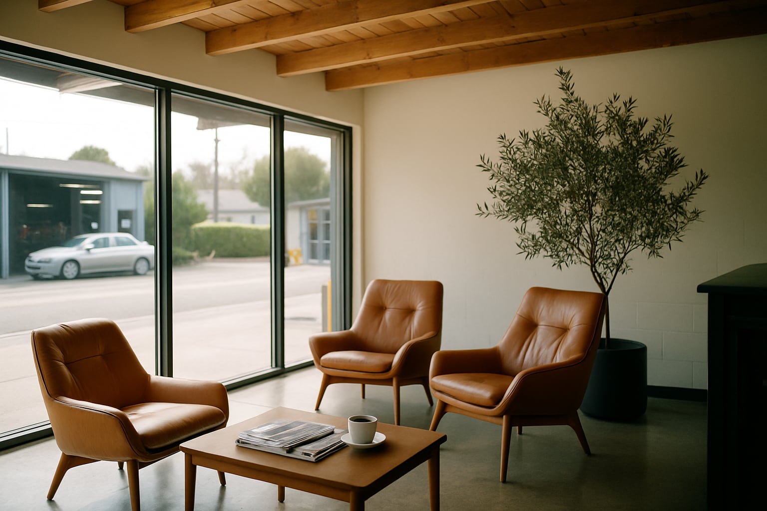 Comfortable customer lounge at Hahn Automotive &mdash; mid-century leather chairs, coffee, and natural light