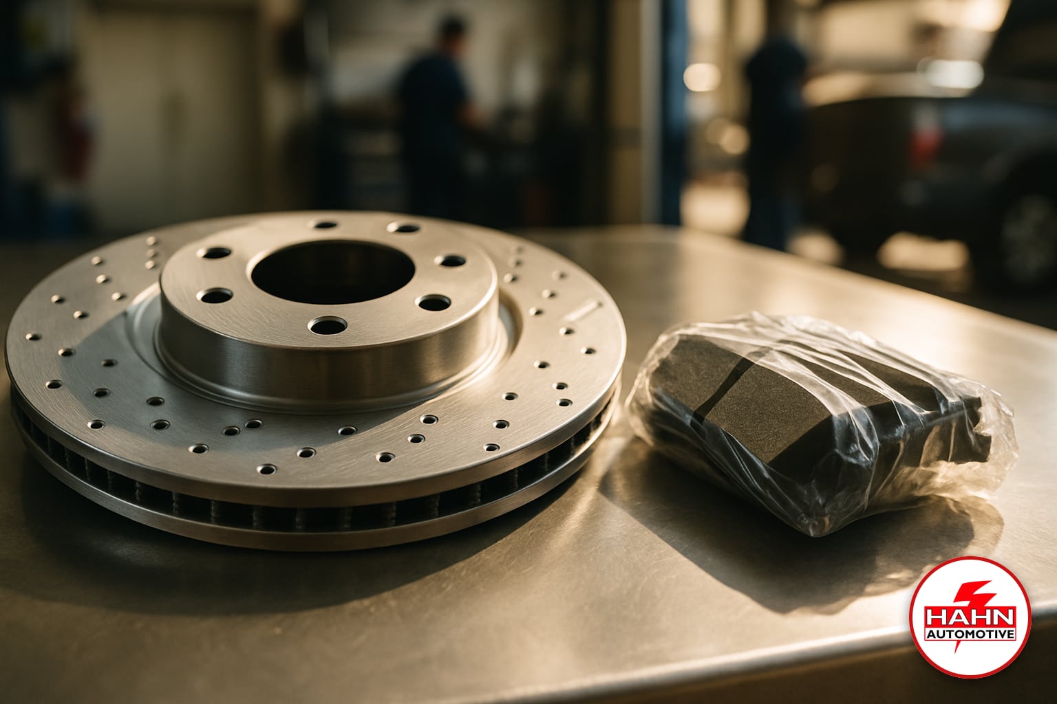 Hahn Automotive technician detail shot &mdash; brake repair