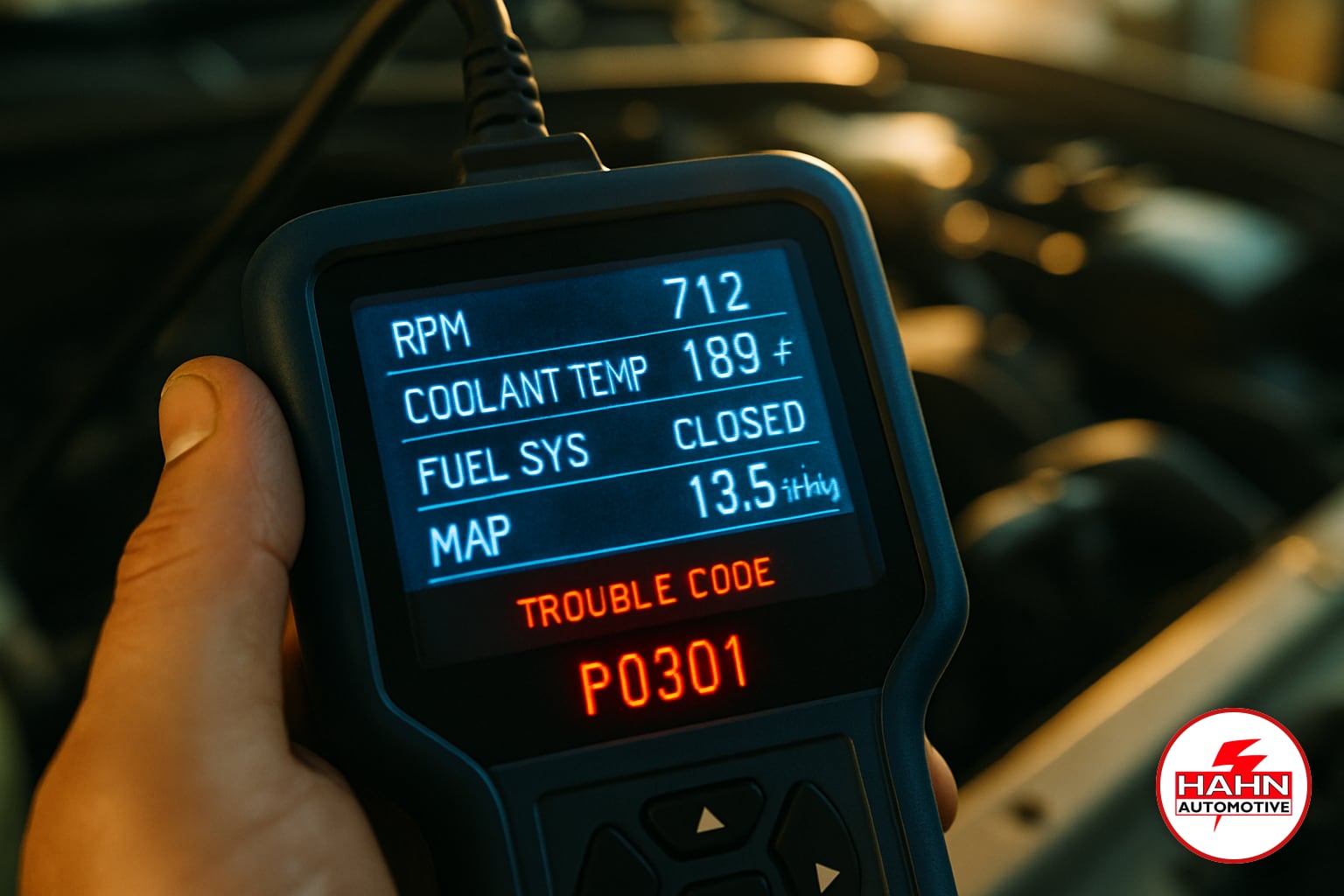 Hahn Automotive technician detail shot &mdash; engine diagnostics