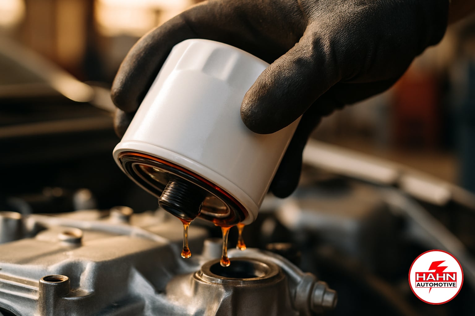 Hahn Automotive technician detail shot &mdash; oil change