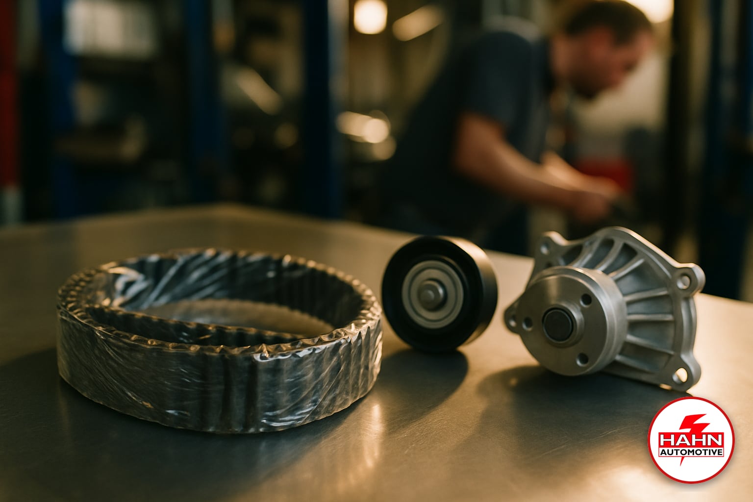 Hahn Automotive technician detail shot &mdash; timing belt replacement