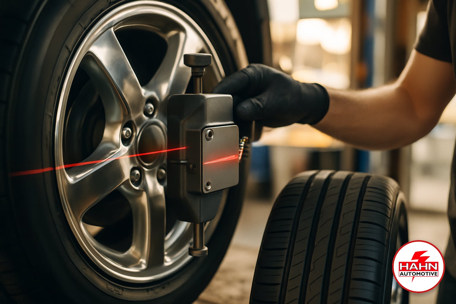 Hahn Automotive technician detail shot &mdash; wheel alignment