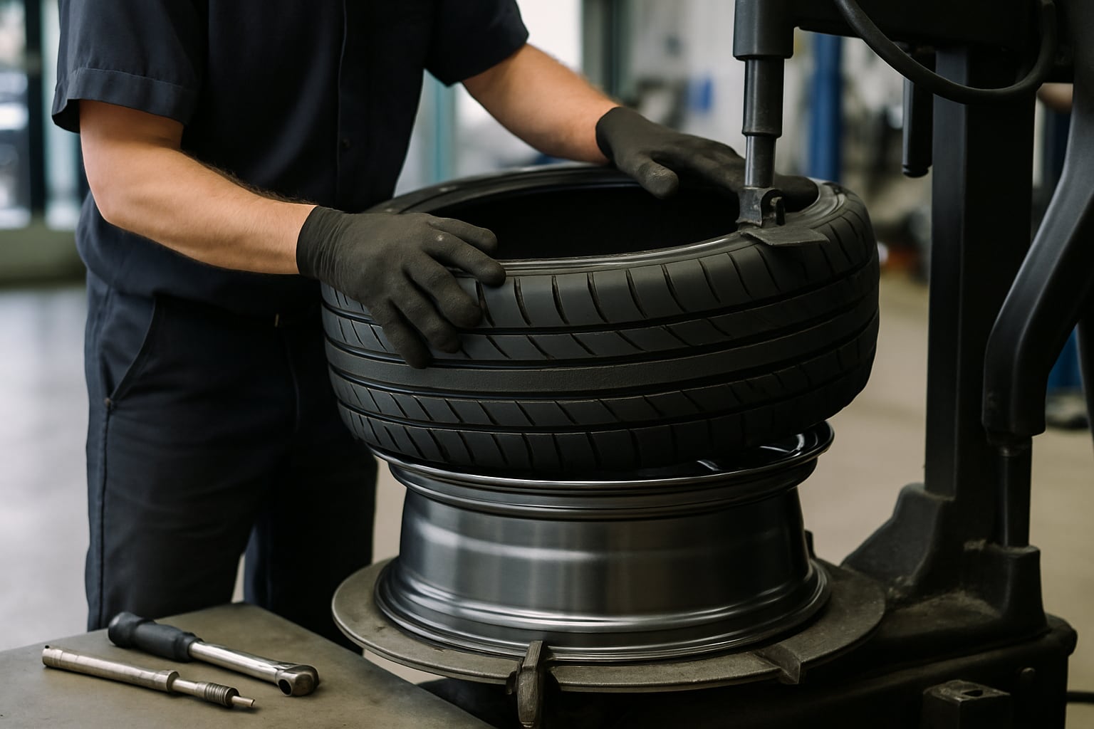 Hahn Automotive technician mounting a fresh performance tire on a luxury alloy wheel using a touch-free tire machine