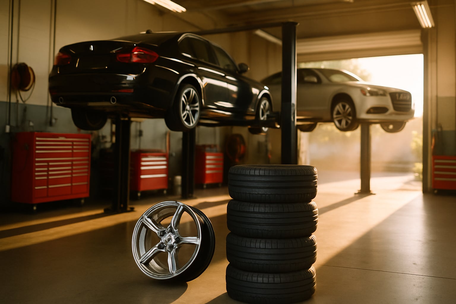 Premium tire installation bay at Hahn Automotive — luxury vehicles on hoists with fresh performance tire set ready for mounting