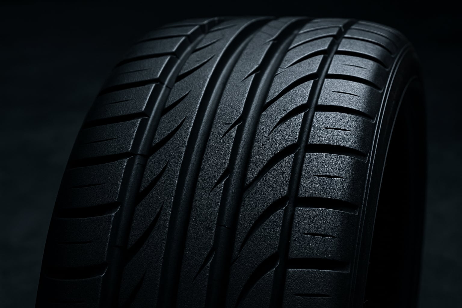 Macro detail of fresh ultra-high-performance tire tread &mdash; deep grooves, dramatic side lighting